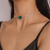 Green Stone Crystal Chain Choker Necklace for Women Rhinestone Collar
