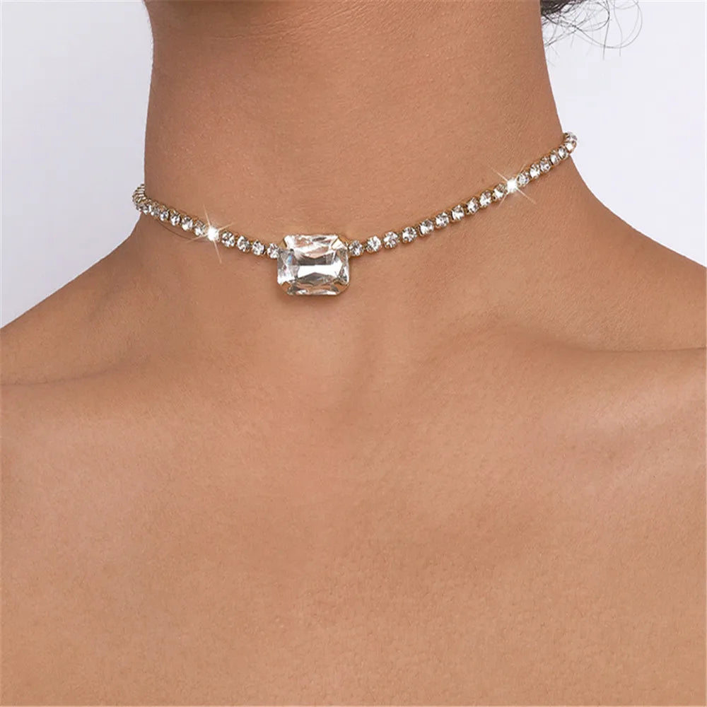 Green Stone Crystal Chain Choker Necklace for Women Rhinestone Collar