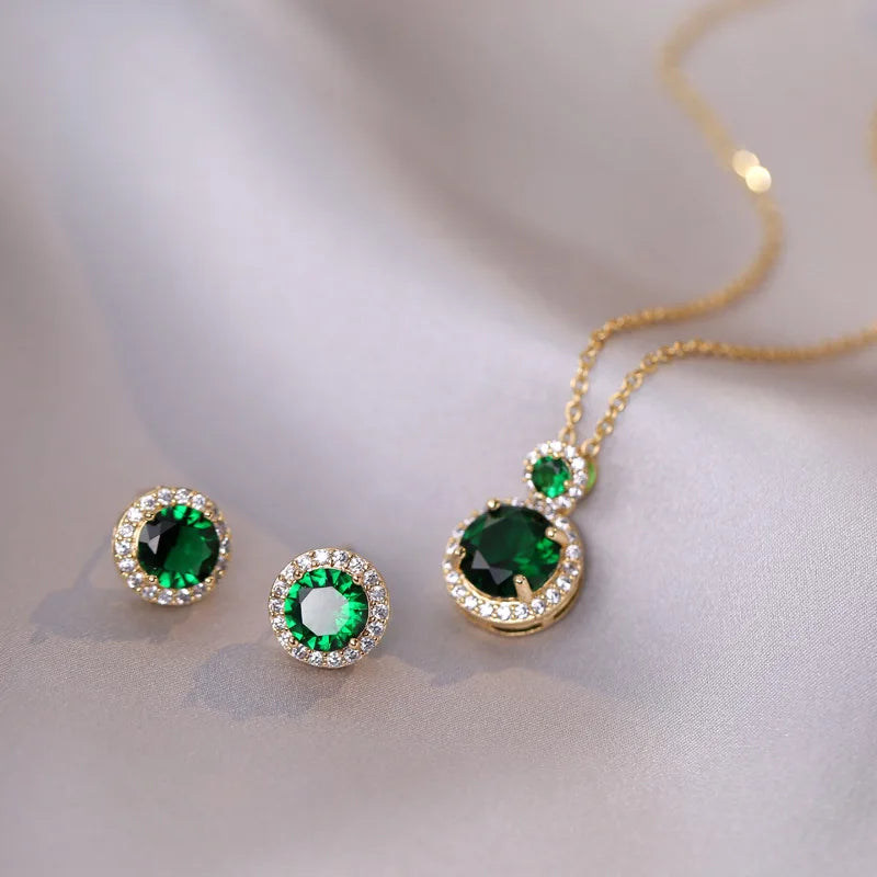 Vintage Green Stone Stud Earrings & Pendants Set Stainless Steel Chains