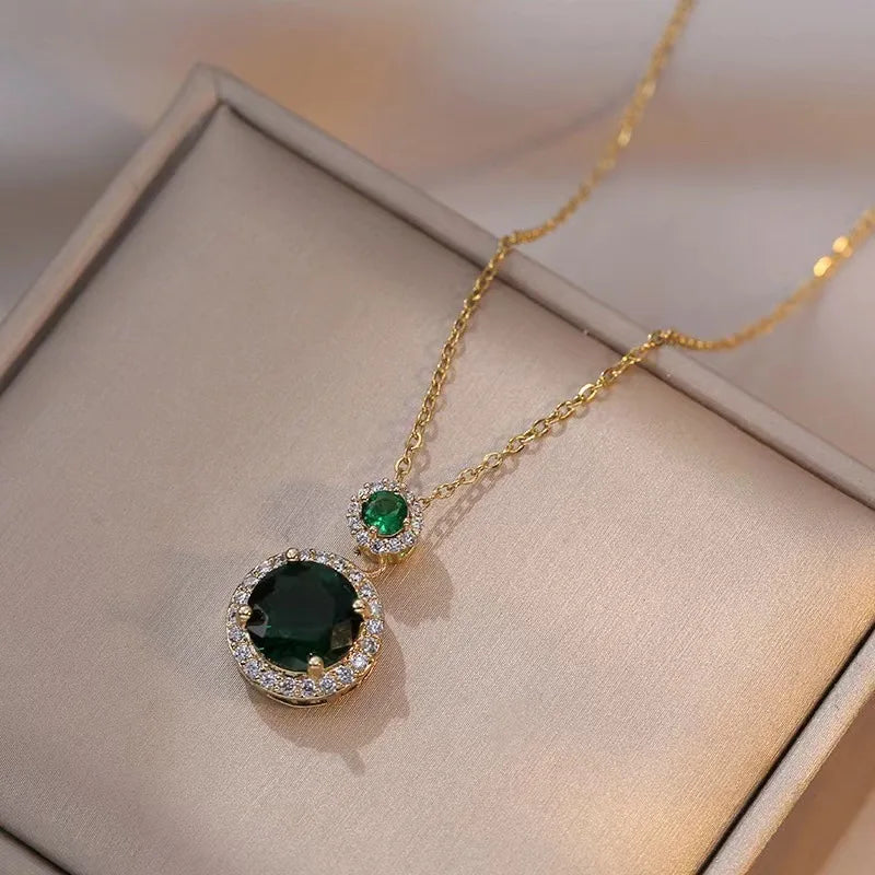 Vintage Green Stone Stud Earrings & Pendants Set Stainless Steel Chains