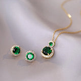 Vintage Green Stone Stud Earrings & Pendants Set Stainless Steel Chains