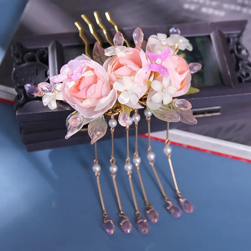 Vintage Pink Flower Hairpin Hanfu Headdress