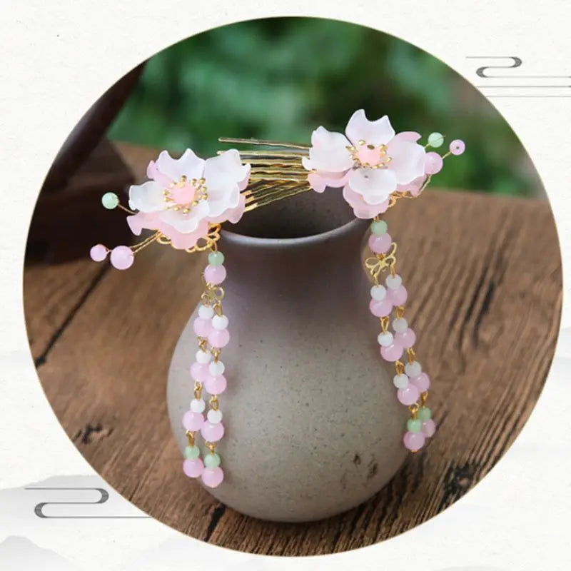 Vintage Hair Comb Hair Accessories for Women Chinese Hanfu Pink Flower Hairpin