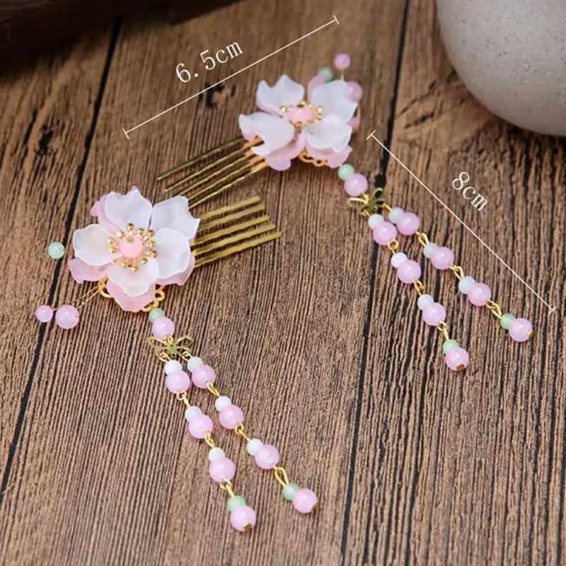 Vintage Hair Comb Hair Accessories for Women Chinese Hanfu Pink Flower Hairpin