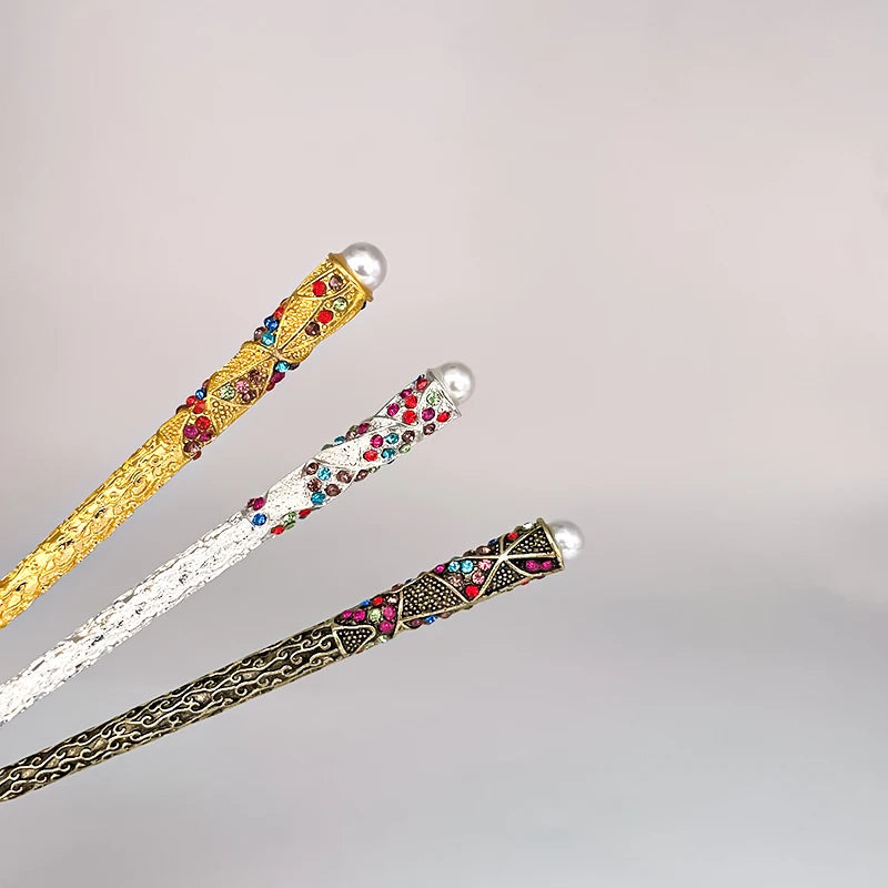 Vintage Hair Sticks Pearls Rhinestone Headwear Women Coiled Hair Jewelry