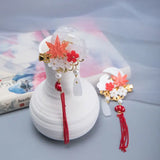 Vintage Metal Hairclip Maple Leaf w/Tassel Chinese Hairpin Head Jewelry