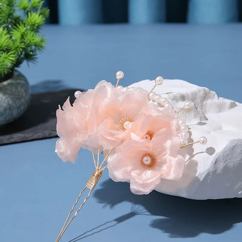 Vintage Hairpin Pearls Pink Flower Hair Accessories for Women