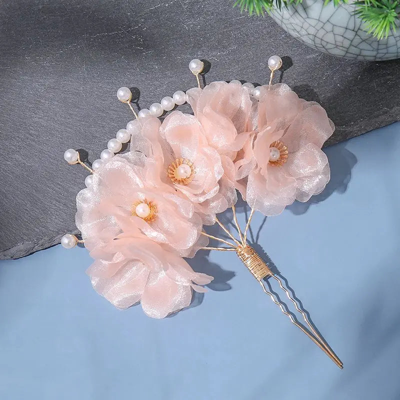 Vintage Hairpin Pearls Pink Flower Hair Accessories for Women