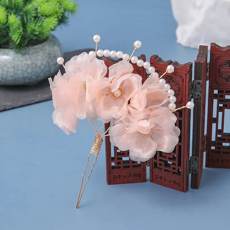 Vintage Hairpin Pearls Pink Flower Hair Accessories for Women