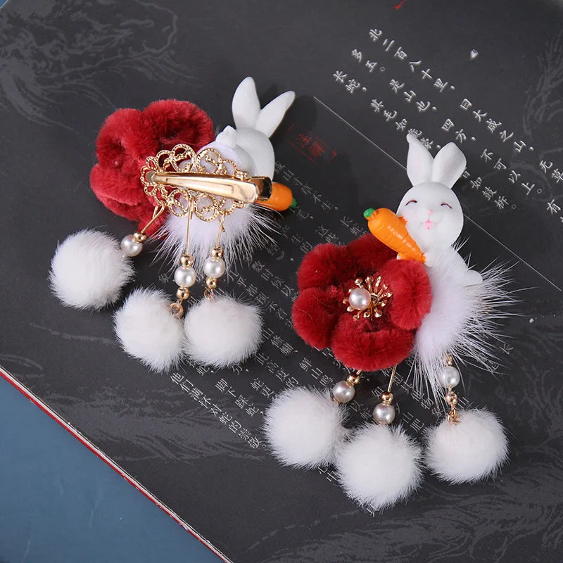 Vintage Chinese Hanfu Hairpins Bunny Flower Plush Hairpin Red Barrettes