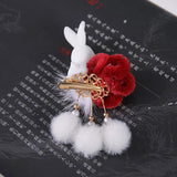 Vintage Chinese Hanfu Hairpins Bunny Flower Plush Hairpin Red Barrettes