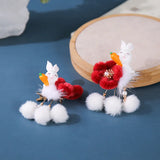 Vintage Chinese Hanfu Hairpins Bunny Flower Plush Hairpin Red Barrettes