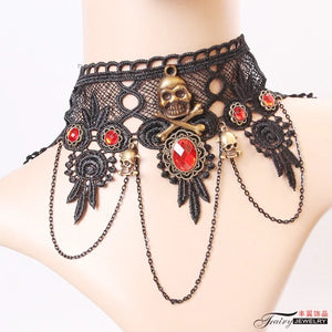 Vintage Halloween Skull Pendant Necklace Lace Fringe Choker Jewelry