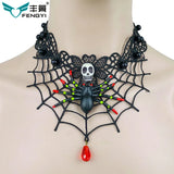 Vintage Halloween Skull Pendant Necklace Lace Fringe Choker Jewelry
