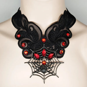 Vintage Halloween Skull Pendant Necklace Lace Fringe Choker Jewelry