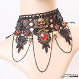 Vintage Halloween Skull Pendant Necklace Lace Fringe Choker Jewelry