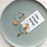 Vintage Asymmetrical Hoop Leaf Drop Earrings Round Wood Pendent Earrings