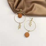 Vintage Asymmetrical Hoop Leaf Drop Earrings Round Wood Pendent Earrings