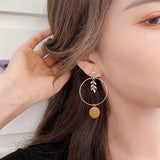 Vintage Asymmetrical Hoop Leaf Drop Earrings Round Wood Pendent Earrings