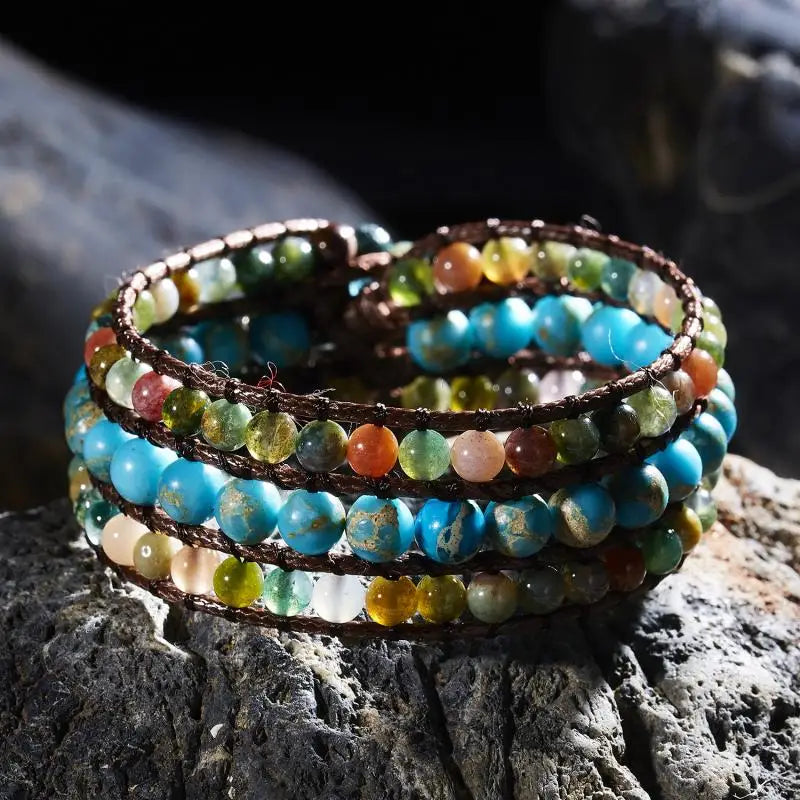 Vintage Braid Bracelets Natural Stone Leather Wrap Beads Bracelet
