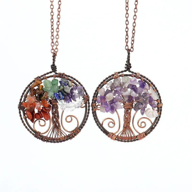Vintage Copper Wire Wrap Crystal Tree of Life Necklace