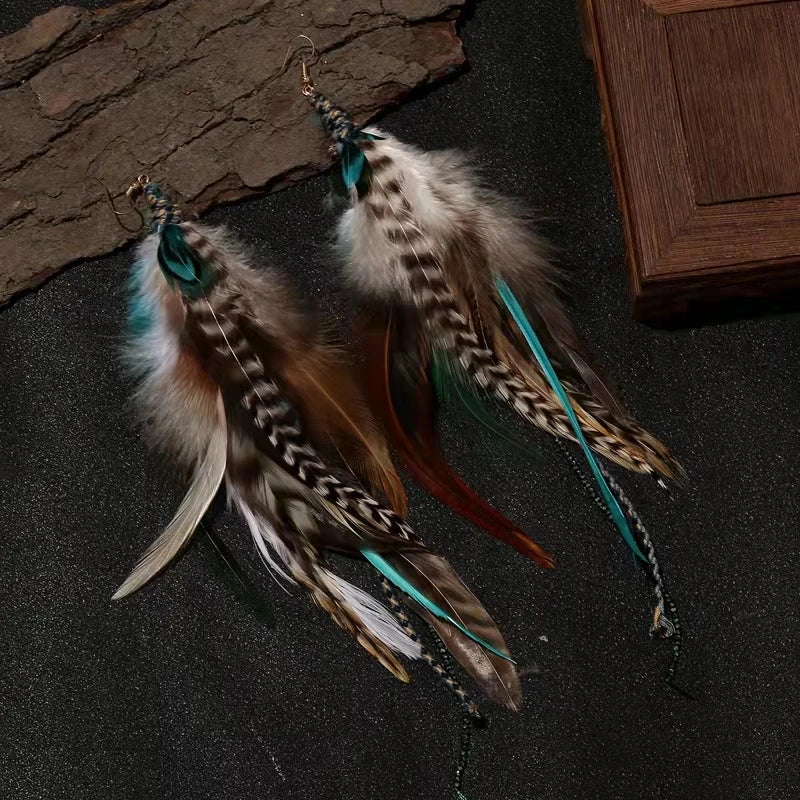 Vintage Feather Earrings Ladies Boho Long Chain Tassel Earri