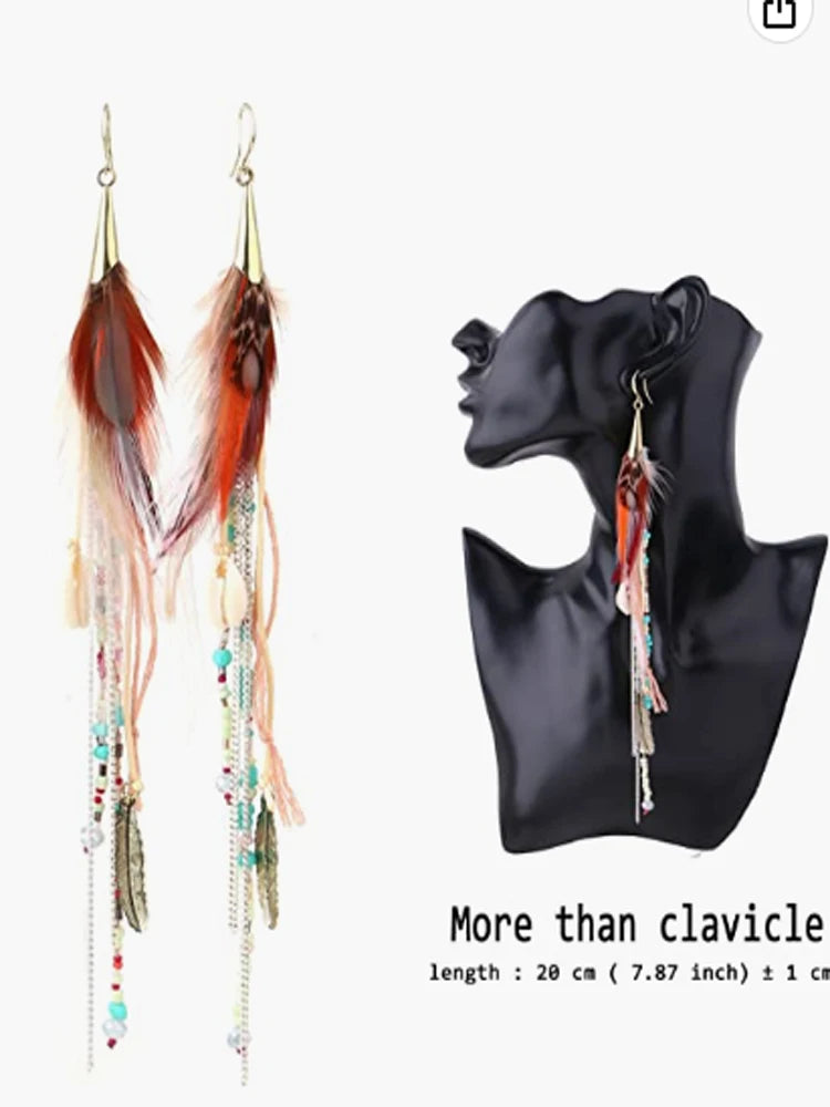 Vintage Feather Earrings Ladies Boho Long Chain Tassel Earri