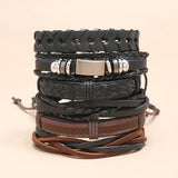 Vintage Feather Multilayer Leather Bracelet Set Men Coffee Rope Wrap Bangles