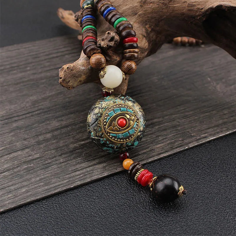 Vintage Wood Beads Necklace Men Nepal Boho Round Eye Pendants Jewelry