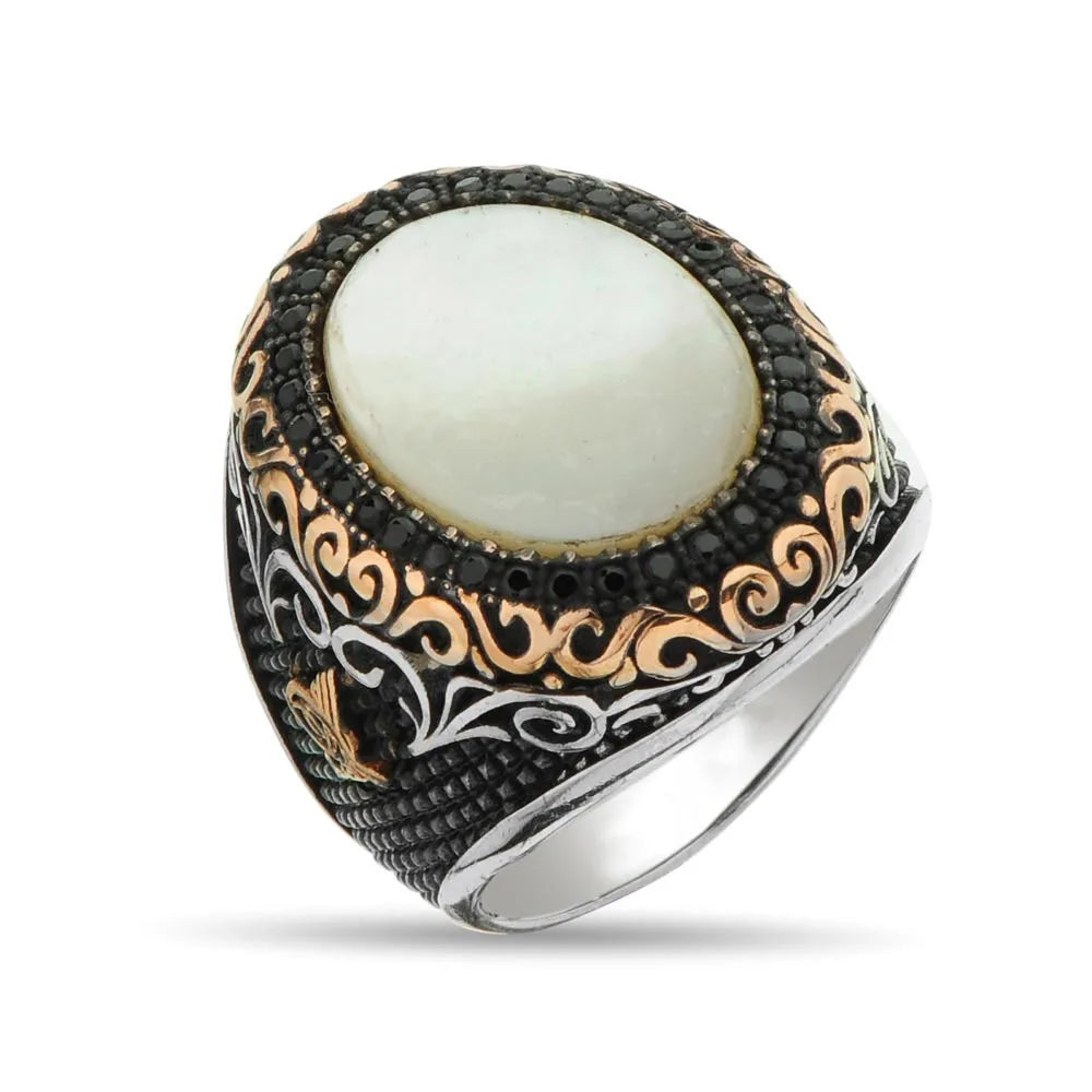 Vintage Signet Ring Ancient Silver Zircon & Pearl Stone Retro Islamic Jewelry
