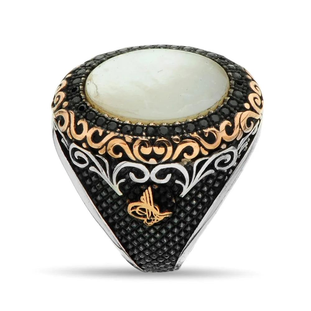 Vintage Signet Ring Ancient Silver Zircon & Pearl Stone Retro Islamic Jewelry