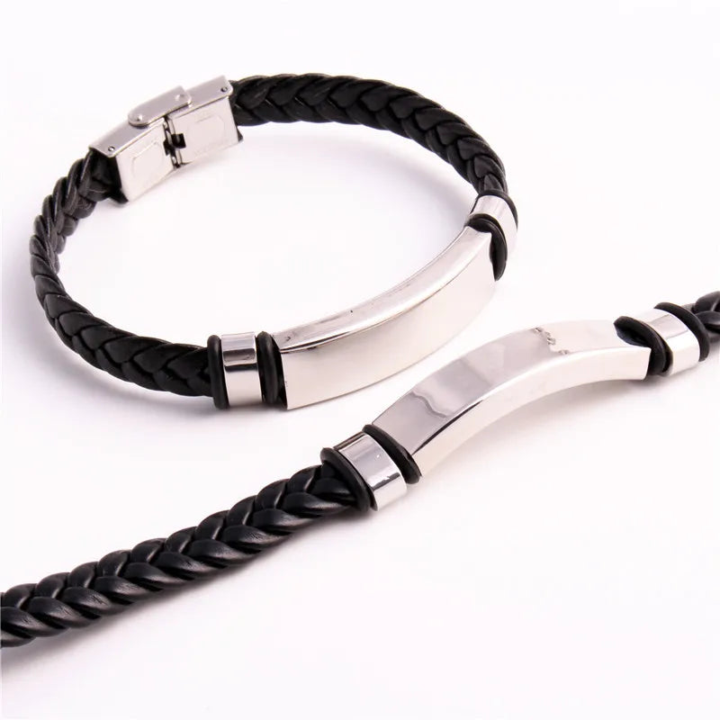 Vintage Leather Bracelet Stainless Steel Blank Plate Bangle