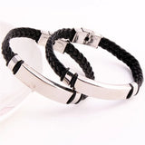 Vintage Leather Bracelet Stainless Steel Blank Plate Bangle