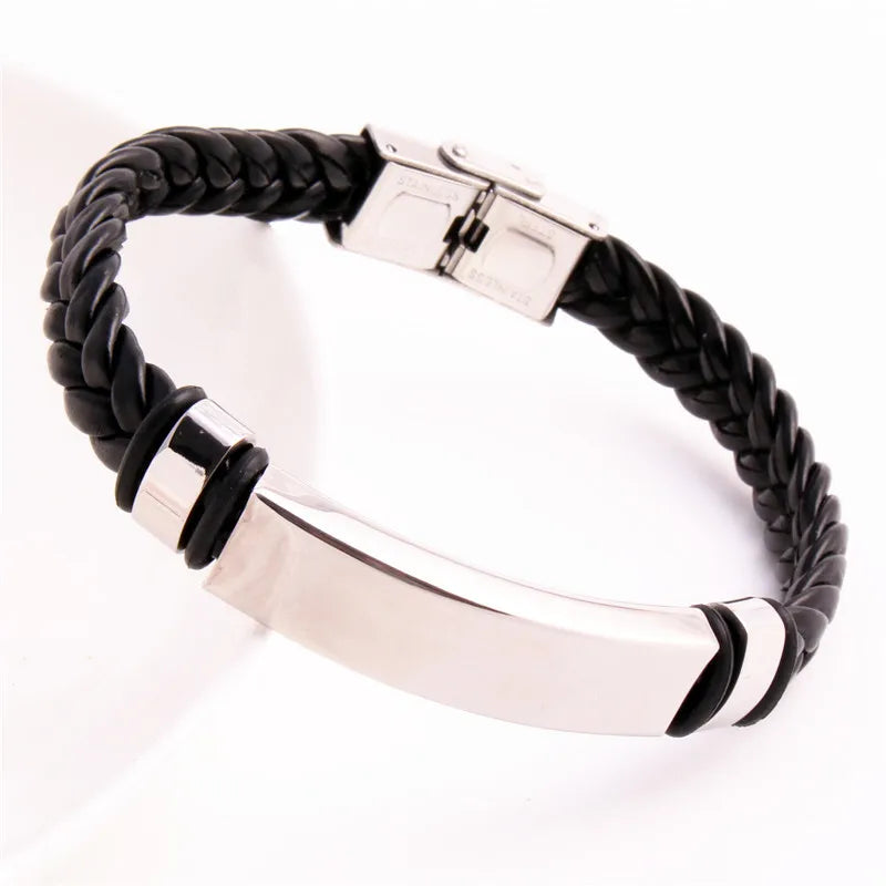 Vintage Leather Bracelet Stainless Steel Blank Plate Bangle