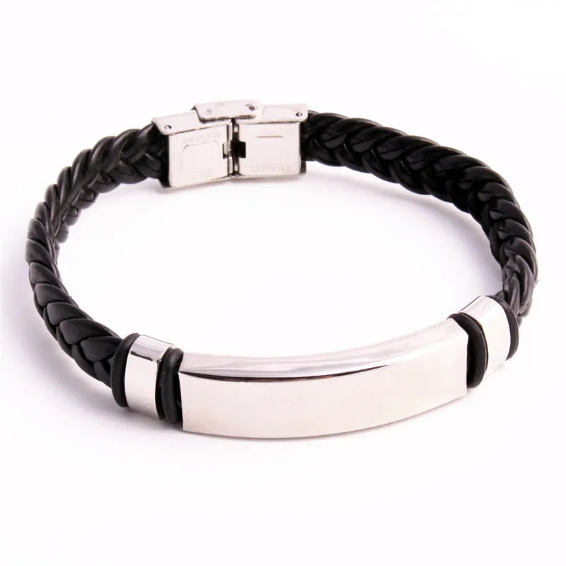Vintage Leather Bracelet Stainless Steel Blank Plate Bangle
