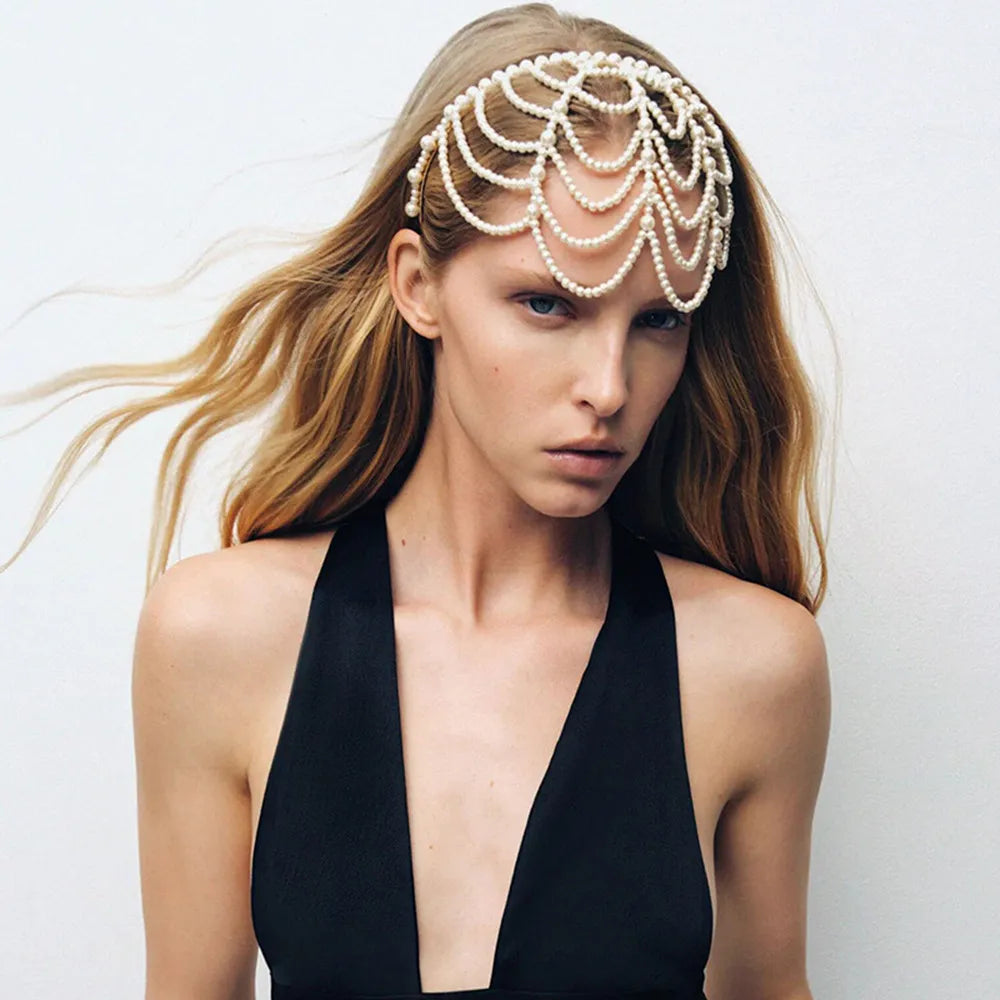 Vintage Pearls Mesh Headband Hairbands for Women