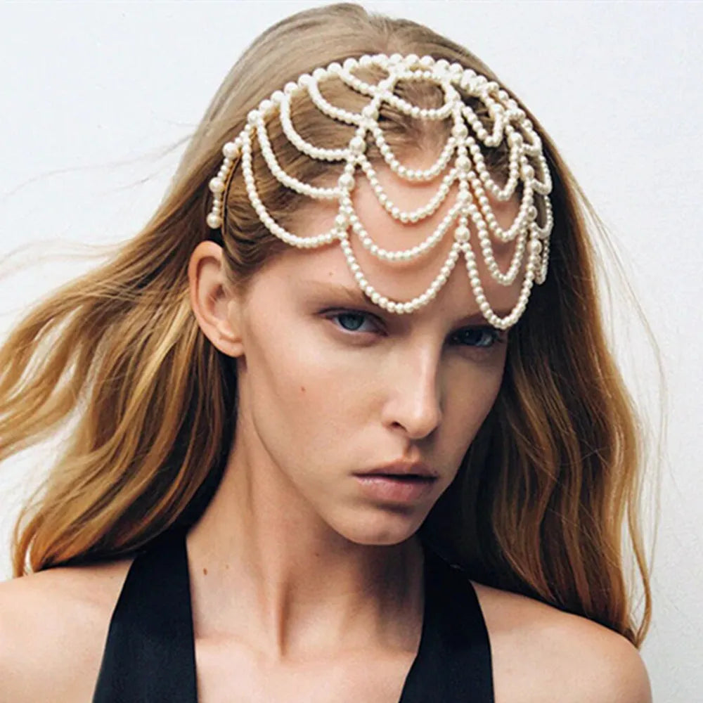 Vintage Pearls Mesh Headband Hairbands for Women