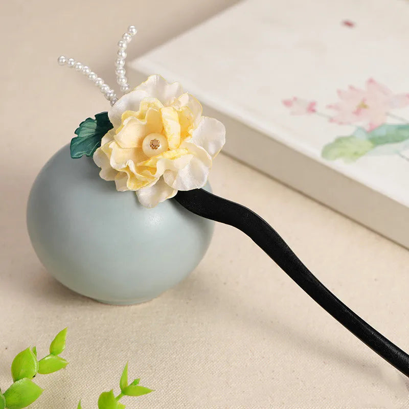 Vintage Flower Hairpins Wooden Pearls Hair Sticks