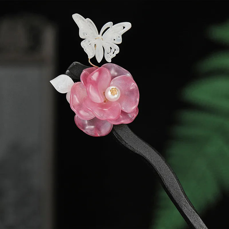 Vintage Flower Hairpins Wooden Pearls Hair Sticks