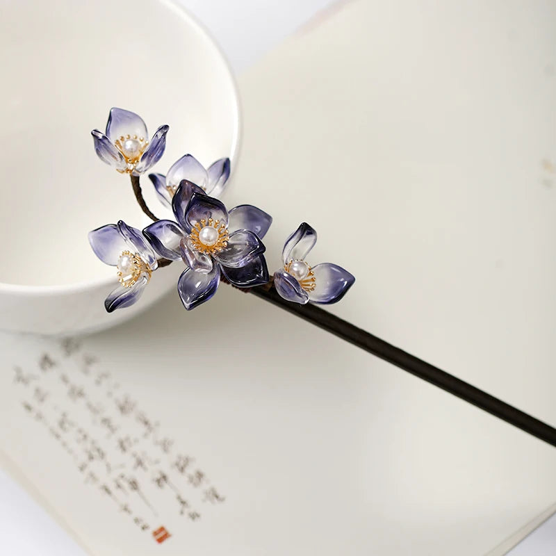 Vintage Flower Hairpins Wooden Pearls Hair Sticks
