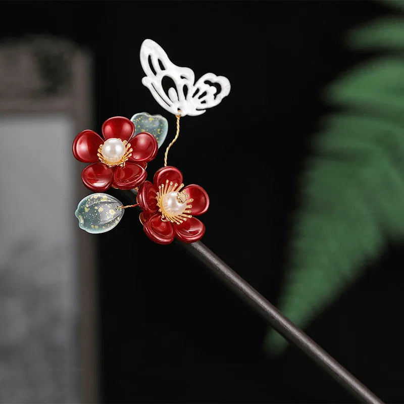 Vintage Flower Hairpins Wooden Pearls Hair Sticks