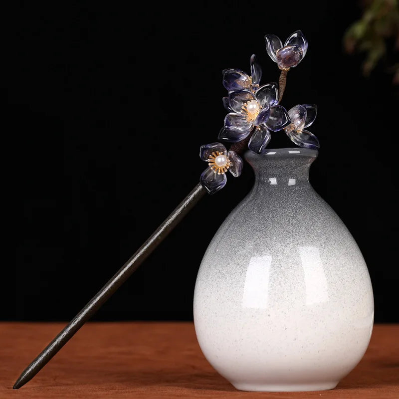 Vintage Flower Hairpins Wooden Pearls Hair Sticks