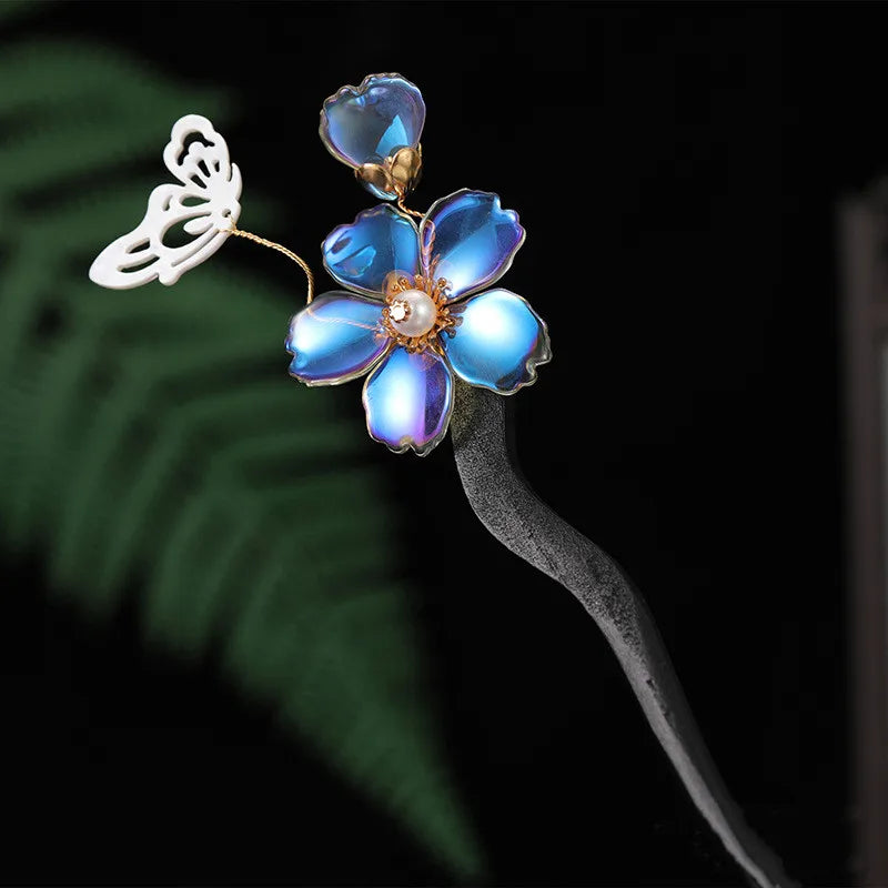 Vintage Flower Hairpins Wooden Pearls Hair Sticks