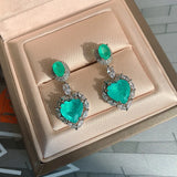 Vintage Heart Paraiba Tourmaline Emerald Drop Earrings Silver Wedding