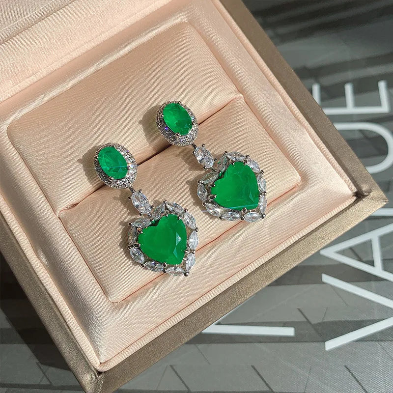 Vintage Heart Paraiba Tourmaline Emerald Drop Earrings Silver Wedding