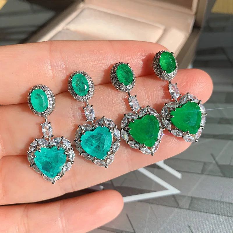 Vintage Heart Paraiba Tourmaline Emerald Drop Earrings Silver Wedding
