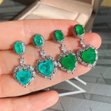 Vintage Heart Paraiba Tourmaline Emerald Drop Earrings Silver Wedding