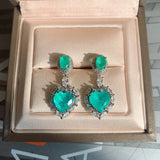 Vintage Heart Paraiba Tourmaline Emerald Drop Earrings Silver Wedding