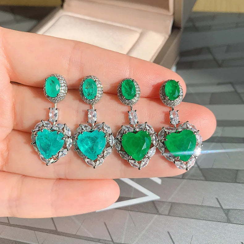 Vintage Heart Paraiba Tourmaline Emerald Drop Earrings Silver Wedding