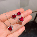 Vintage Heart-Shaped Ruby Diamond Necklace Earrings Ring Set